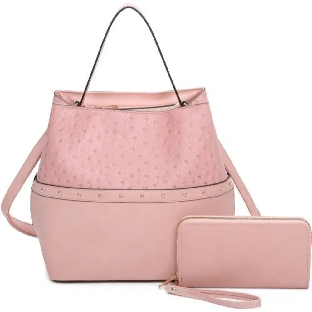 Women's Soft Pink Ostrich Bucket Bag 2-In 1 Satchel Set With Wallet